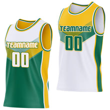 Charger l'image dans la galerie, Custom White Kelly Green-Gold Side Panel Stripe Geometric V-Cut Color Block Reversible Double Side Sublimation Basketball Set Jersey
