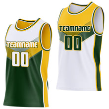 Laden Sie das Bild in den Galerie-Viewer, Custom White Green-Gold Side Panel Stripe Geometric V-Cut Color Block Reversible Double Side Sublimation Basketball Set Jersey
