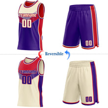 Charger l'image dans la galerie, Custom Cream Purple-Red Side Panel Stripe Geometric V-Cut Color Block Reversible Double Side Sublimation Basketball Set Jersey
