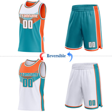Custom White Teal-Orange Side Panel Stripe Geometric V-Cut Color Block Reversible Double Side Sublimation Basketball Set Jersey