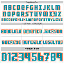 Charger l'image dans la galerie, Custom White Teal-Orange Side Panel Stripe Geometric V-Cut Color Block Reversible Double Side Sublimation Basketball Set Jersey
