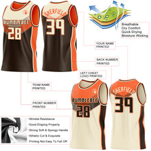 Загрузить изображение в средство просмотра галереи, Custom Cream Brown-Orange Side Panel Stripe Geometric V-Cut Color Block Reversible Double Side Sublimation Basketball Set Jersey

