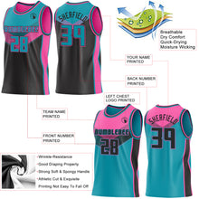 Charger l'image dans la galerie, Custom Teal Black-Pink Side Panel Stripe Geometric V-Cut Color Block Reversible Double Side Sublimation Basketball Set Jersey
