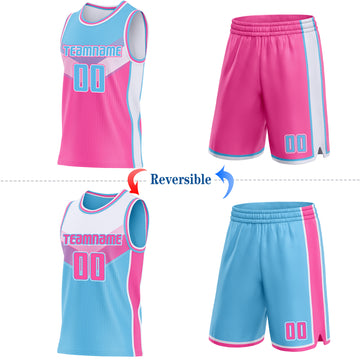 Custom Sky Blue Pink-White Side Panel Stripe Geometric V-Cut Color Block Reversible Double Side Sublimation Basketball Set Jersey