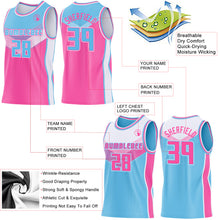 Load image into Gallery viewer, Custom Sky Blue Pink-White Side Panel Stripe Geometric V-Cut Color Block Reversible Double Side Sublimation Basketball Set Jersey
