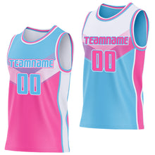 Load image into Gallery viewer, Custom Sky Blue Pink-White Side Panel Stripe Geometric V-Cut Color Block Reversible Double Side Sublimation Basketball Set Jersey
