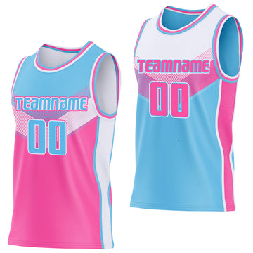 Custom Sky Blue Pink-White Side Panel Stripe Geometric V-Cut Color Block Reversible Double Side Sublimation Basketball Set Jersey