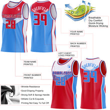 Charger l'image dans la galerie, Custom Red Powder Blue-White Side Panel Stripe Geometric V-Cut Color Block Reversible Double Side Sublimation Basketball Set Jersey
