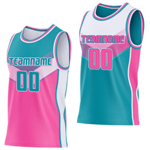 Charger l'image dans la galerie, Custom Teal Pink-White Side Panel Stripe Geometric V-Cut Color Block Reversible Double Side Sublimation Basketball Set Jersey
