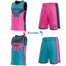 Charger l'image dans la galerie, Custom Teal Pink-Black Side Panel Stripe Geometric V-Cut Color Block Reversible Double Side Sublimation Basketball Set Jersey
