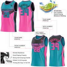 Charger l'image dans la galerie, Custom Teal Pink-Black Side Panel Stripe Geometric V-Cut Color Block Reversible Double Side Sublimation Basketball Set Jersey
