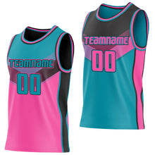 Charger l'image dans la galerie, Custom Teal Pink-Black Side Panel Stripe Geometric V-Cut Color Block Reversible Double Side Sublimation Basketball Set Jersey
