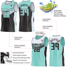 Laden Sie das Bild in den Galerie-Viewer, Custom Ice Blue Black-White Side Panel Stripe Geometric V-Cut Color Block Reversible Double Side Sublimation Basketball Set Jersey
