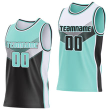 Laden Sie das Bild in den Galerie-Viewer, Custom Ice Blue Black-White Side Panel Stripe Geometric V-Cut Color Block Reversible Double Side Sublimation Basketball Set Jersey
