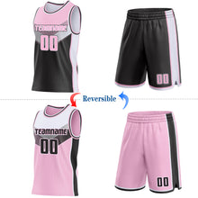Load image into Gallery viewer, Custom Light Pink Black-White Side Panel Stripe Geometric V-Cut Color Block Reversible Double Side Sublimation Basketball Set Jersey
