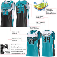 Laden Sie das Bild in den Galerie-Viewer, Custom Teal Black-White Side Panel Stripe Geometric V-Cut Color Block Reversible Double Side Sublimation Basketball Set Jersey
