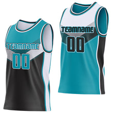 Laden Sie das Bild in den Galerie-Viewer, Custom Teal Black-White Side Panel Stripe Geometric V-Cut Color Block Reversible Double Side Sublimation Basketball Set Jersey

