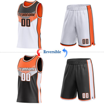 Custom Black White-Orange Side Panel Stripe Geometric V-Cut Color Block Reversible Double Side Sublimation Basketball Set Jersey