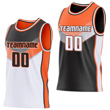 Загрузить изображение в средство просмотра галереи, Custom Black White-Orange Side Panel Stripe Geometric V-Cut Color Block Reversible Double Side Sublimation Basketball Set Jersey

