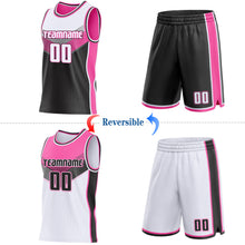 Загрузить изображение в средство просмотра галереи, Custom White Black-Pink Side Panel Stripe Geometric V-Cut Color Block Reversible Double Side Sublimation Basketball Set Jersey
