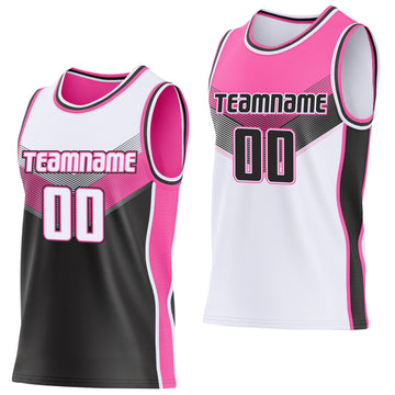 Custom White Black-Pink Side Panel Stripe Geometric V-Cut Color Block Reversible Double Side Sublimation Basketball Set Jersey