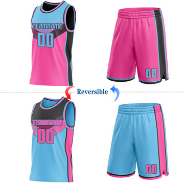 Custom Sky Blue Pink-Black Side Panel Stripe Geometric V-Cut Color Block Reversible Double Side Sublimation Basketball Set Jersey