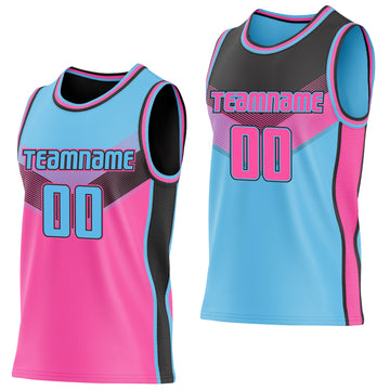 Custom Sky Blue Pink-Black Side Panel Stripe Geometric V-Cut Color Block Reversible Double Side Sublimation Basketball Set Jersey
