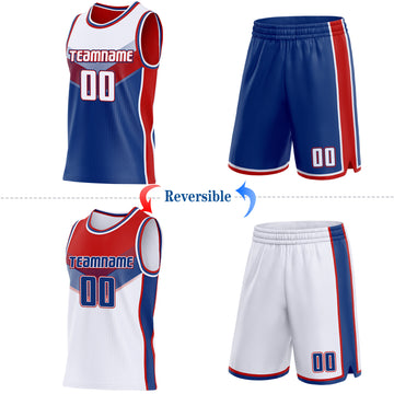 Custom White Royal-Red Side Panel Stripe Geometric V-Cut Color Block Reversible Double Side Sublimation Basketball Set Jersey