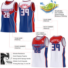 Загрузить изображение в средство просмотра галереи, Custom White Royal-Red Side Panel Stripe Geometric V-Cut Color Block Reversible Double Side Sublimation Basketball Set Jersey
