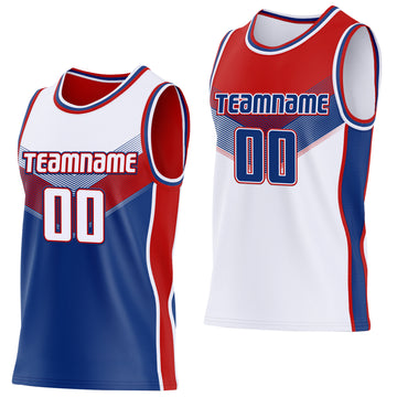 Custom White Royal-Red Side Panel Stripe Geometric V-Cut Color Block Reversible Double Side Sublimation Basketball Set Jersey