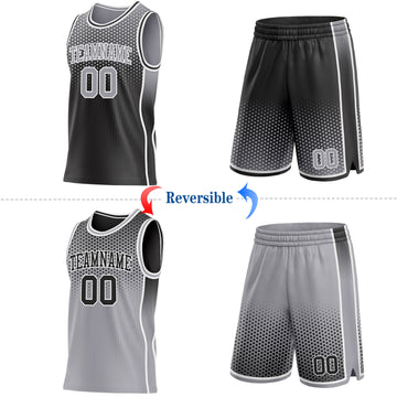 Custom Black Gray-White Side Panel Stripe Gradient Geometric Honeycomb Reversible Double Side Sublimation Basketball Set Jersey