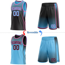 Laden Sie das Bild in den Galerie-Viewer, Custom Black Sky Blue-Pink Side Panel Stripe Gradient Geometric Honeycomb Reversible Double Side Sublimation Basketball Set Jersey
