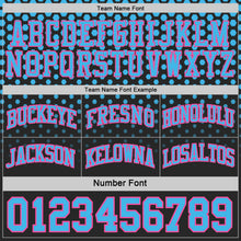 Laden Sie das Bild in den Galerie-Viewer, Custom Black Sky Blue-Pink Side Panel Stripe Gradient Geometric Honeycomb Reversible Double Side Sublimation Basketball Set Jersey
