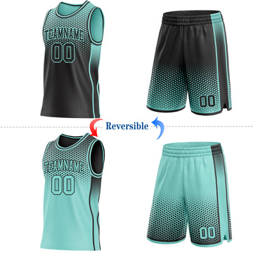 Custom Black-Ice Blue Side Panel Stripe Gradient Geometric Honeycomb Reversible Double Side Sublimation Basketball Set Jersey