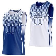 Laden Sie das Bild in den Galerie-Viewer, Custom Royal-White Side Panel Stripe Gradient Geometric Honeycomb Reversible Double Side Sublimation Basketball Set Jersey
