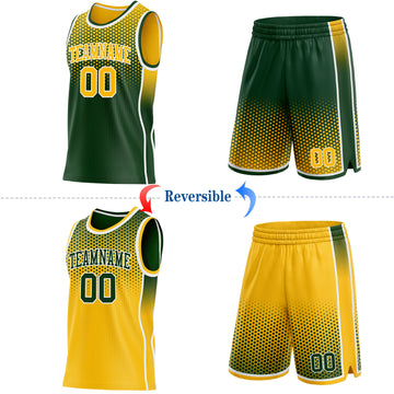 Custom Green Gold-White Side Panel Stripe Gradient Geometric Honeycomb Reversible Double Side Sublimation Basketball Set Jersey