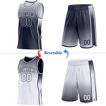 Custom Navy-White Side Panel Stripe Gradient Geometric Honeycomb Reversible Double Side Sublimation Basketball Set Jersey