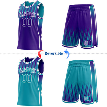 Custom Purple Teal-White Side Panel Stripe Gradient Geometric Honeycomb Reversible Double Side Sublimation Basketball Set Jersey
