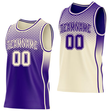 Custom Purple-Cream Side Panel Stripe Gradient Geometric Honeycomb Reversible Double Side Sublimation Basketball Set Jersey