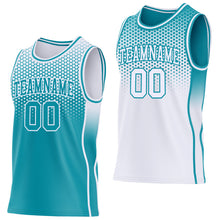 Charger l'image dans la galerie, Custom Teal-White Side Panel Stripe Gradient Geometric Honeycomb Reversible Double Side Sublimation Basketball Set Jersey

