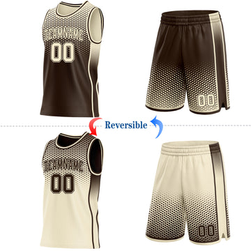 Custom Brown-Cream Side Panel Stripe Gradient Geometric Honeycomb Reversible Double Side Sublimation Basketball Set Jersey
