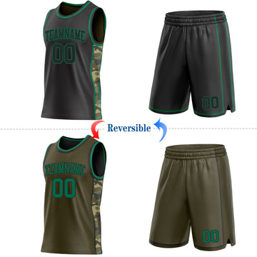 Custom Black(Olive)-Kelly Green Camo Side Panel Stripe Reversible Double Side Sublimation Basketball Set Jersey