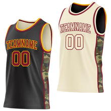 Charger l'image dans la galerie, Custom Black(Cream) Crimson-Gold Camo Side Panel Stripe Reversible Double Side Sublimation Basketball Set Jersey

