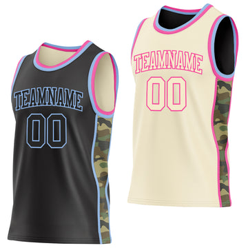 Custom Black(Cream) Light Blue-Pink Camo Side Panel Stripe Reversible Double Side Sublimation Basketball Set Jersey
