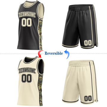Custom Black-Cream Camo Side Panel Stripe Reversible Double Side Sublimation Basketball Set Jersey