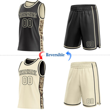 Custom Black-Cream Digital Camo Side Panel Stripe Reversible Double Side Sublimation Basketball Set Jersey