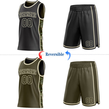 Custom Black(Olive)-Cream Digital Camo Side Panel Stripe Reversible Double Side Sublimation Basketball Set Jersey