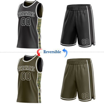 Custom Black(Olive)-White Digital Camo Side Panel Stripe Reversible Double Side Sublimation Basketball Set Jersey