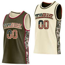 Charger l'image dans la galerie, Custom Olive Vintage USA Flag Cream-Maroon Digital Camo Side Panel Stripe Reversible Double Side Sublimation Basketball Set Jersey
