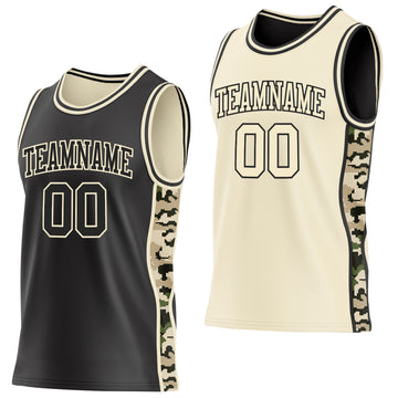 Custom Black-Cream Digital Camo Side Panel Stripe Reversible Double Side Sublimation Basketball Set Jersey